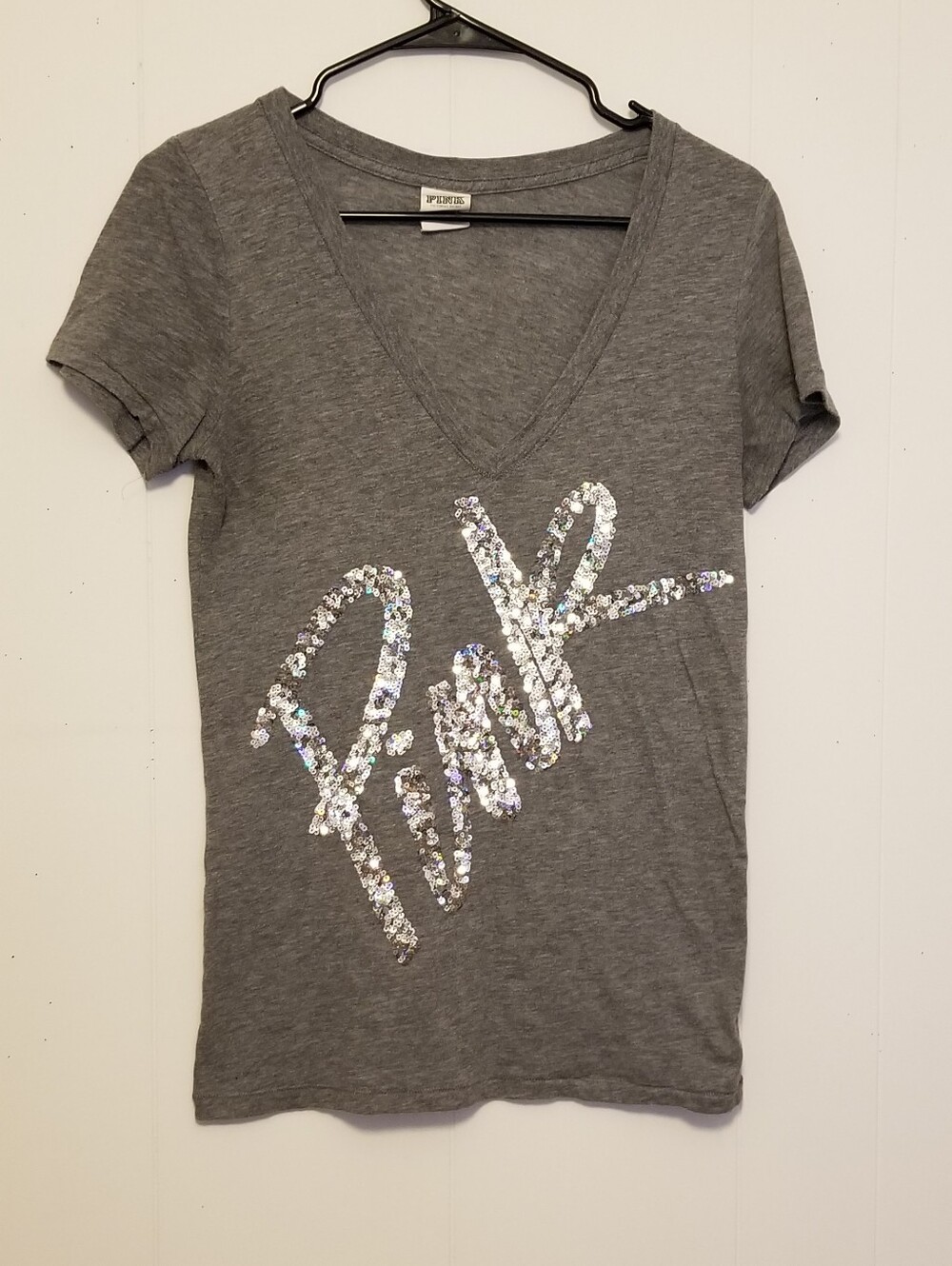 Vintage Y2K PINK Victoria's Secret Gray V‑Neck Tee with Iridescent Sequin Logo